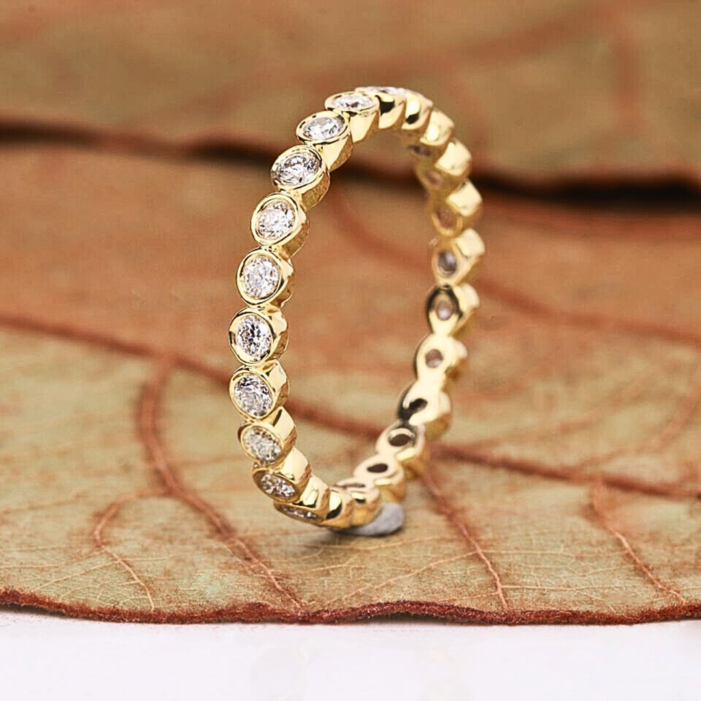 Round Cut Lab Grown Diamond Bezel Set Wedding Band in Gold