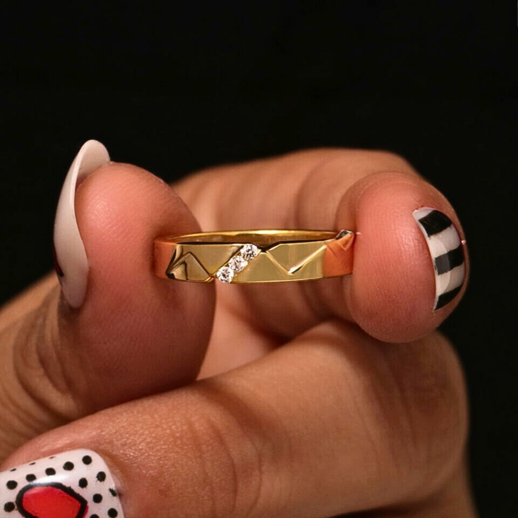 Round Shape Three Diamond Accent V Groove Lab Grown Diamond Gold Ring