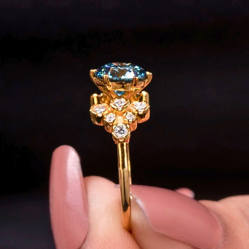 1.70 Ct Blue Round Lab Grown Diamond Vintage Floral Engagement Ring