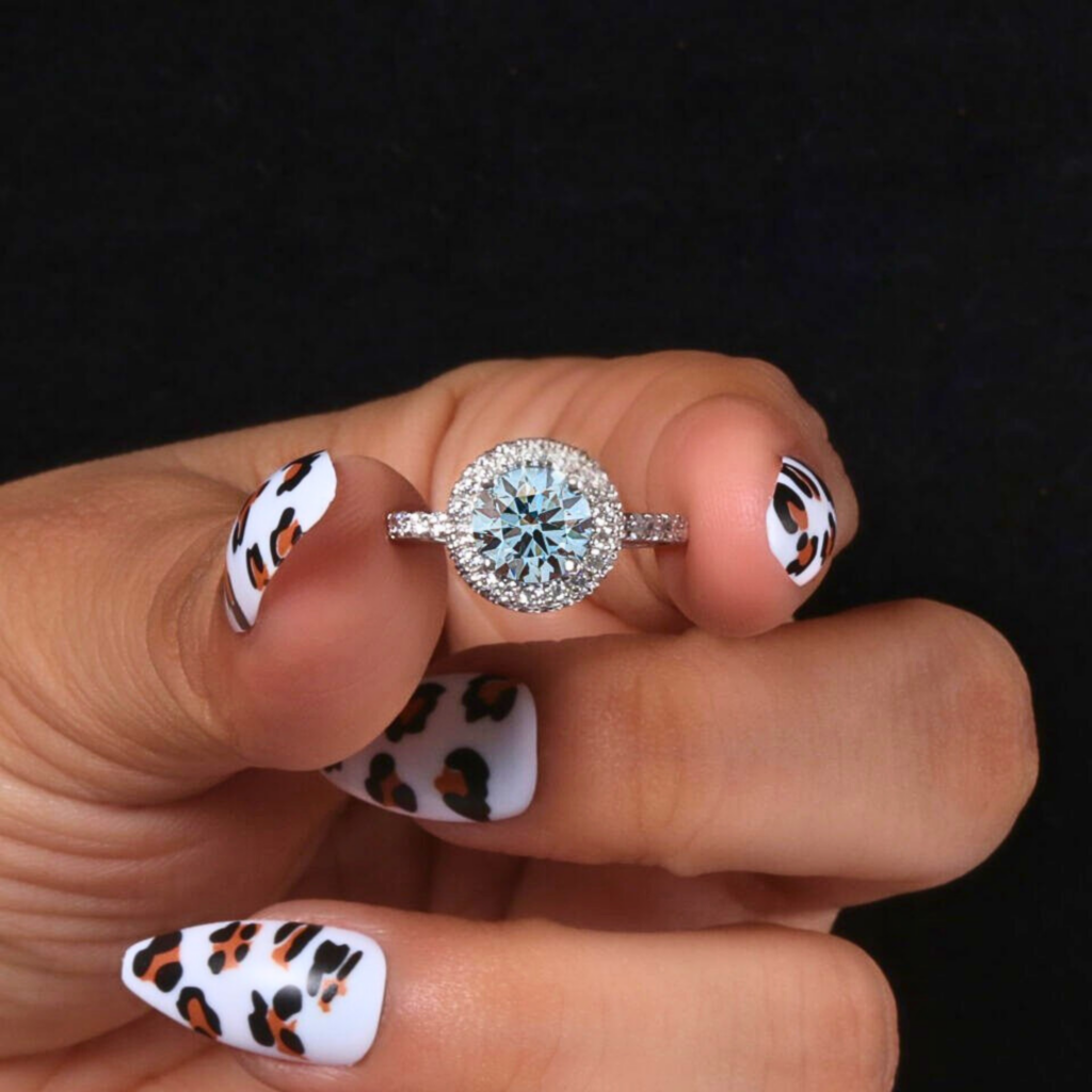 1.50 Ct Blue Round Lab Grown Diamond Halo Engagement Ring with Pave Band