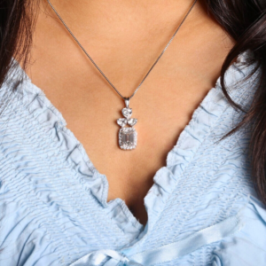 1.15 Ct Emerald Cut Lab Grown Diamond Halo Designer Pendant in Gold