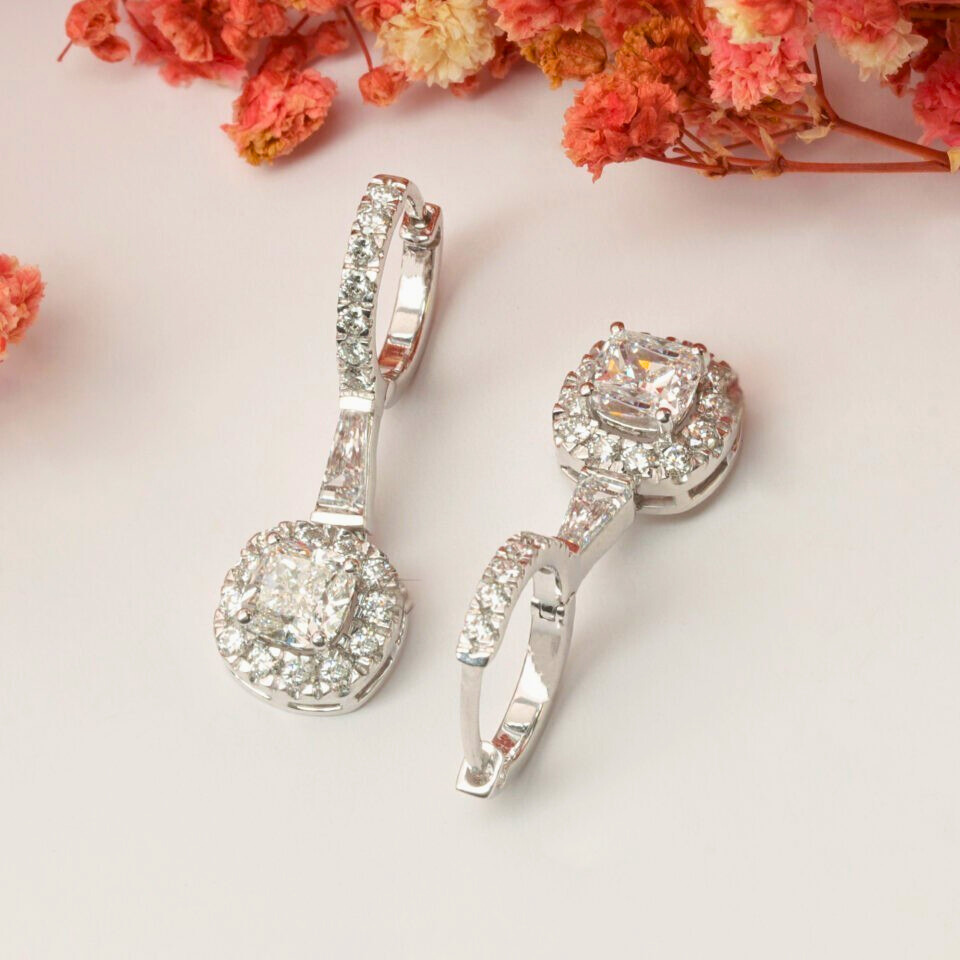 3.50 TWC Cushion Cut Lab Grown Diamond Drop Earrings
